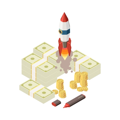 Isometric successful business strategy concept with rocket and money 3d vector illustration