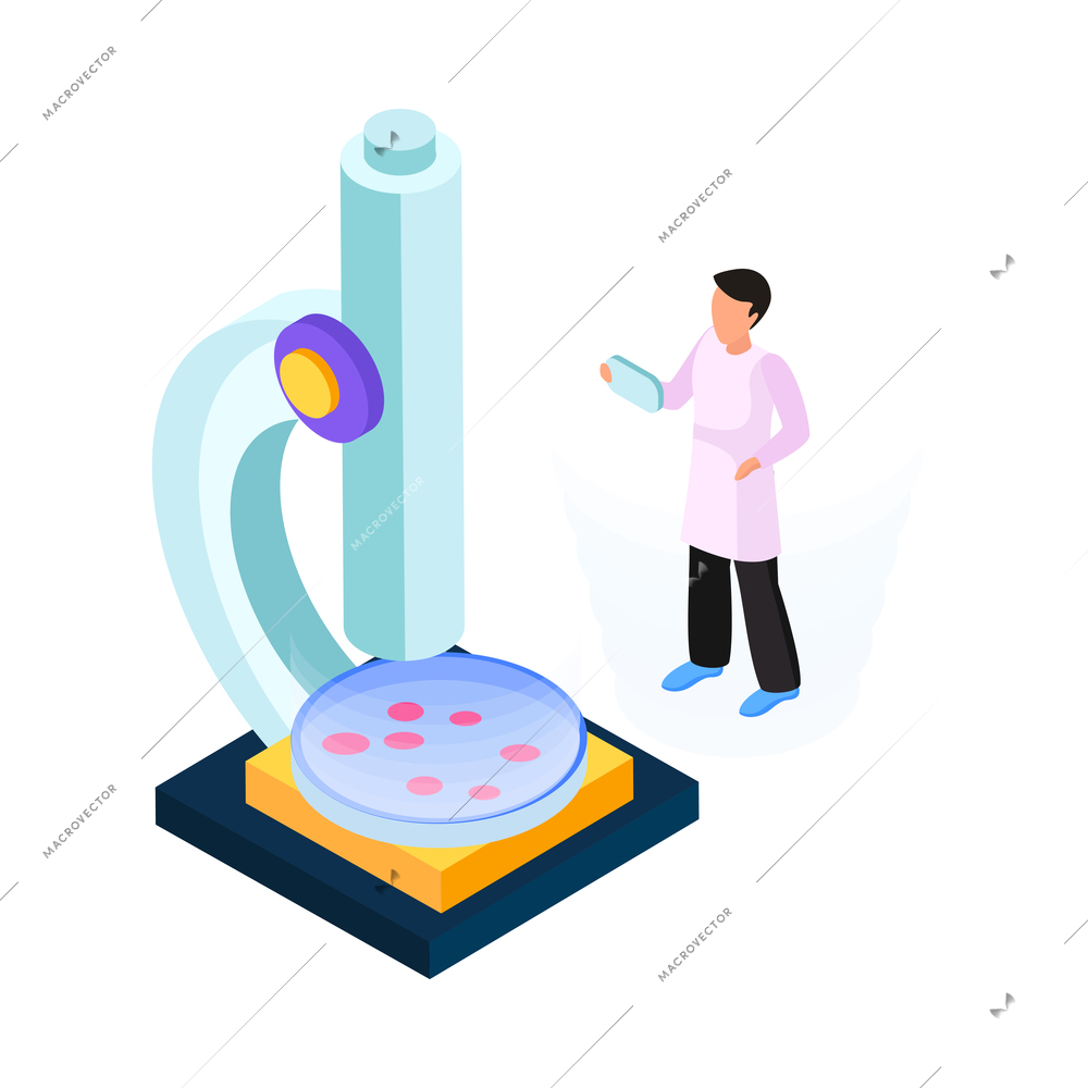 Isometric tiny scientist character working with microscope in science laboratory 3d vector illustration