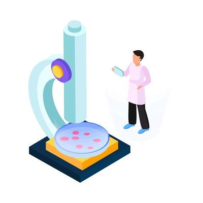 Isometric tiny scientist character working with microscope in science laboratory 3d vector illustration