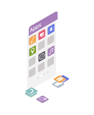 Application development concept with smartphone screen and app icons 3d isometric vector illustration