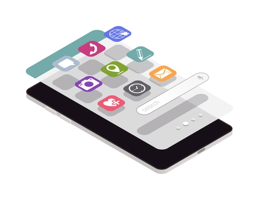 Application development isometric concept with smartphone and icons of apps on screen 3d vector illustration