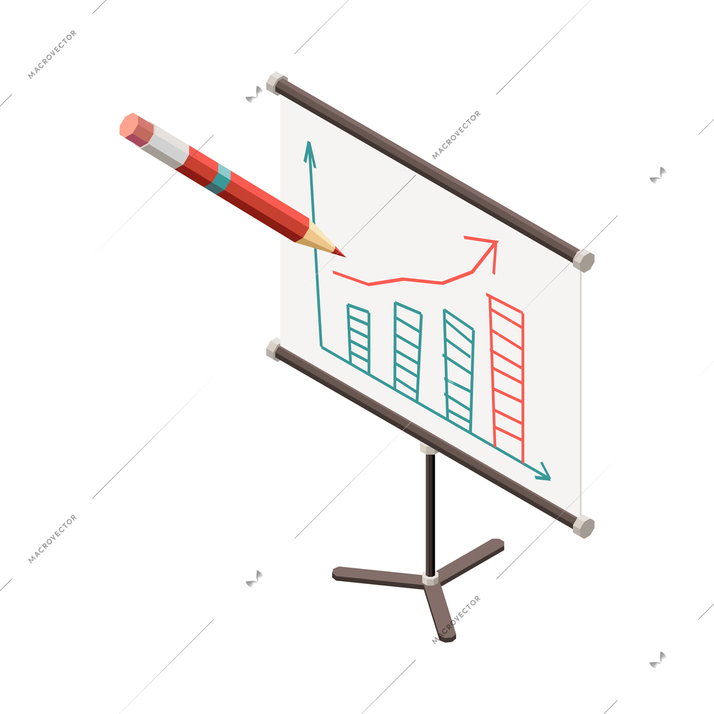Conversion rate isometric icon with increasing chart on board and pencil 3d vector illustration