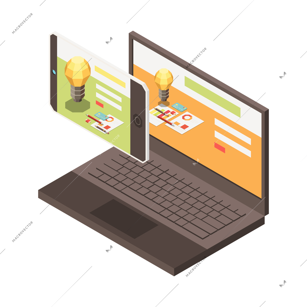 Isometric conversion rate concept with idea lamp bulb and workplace on laptop and smartphone screen 3d vector illustration