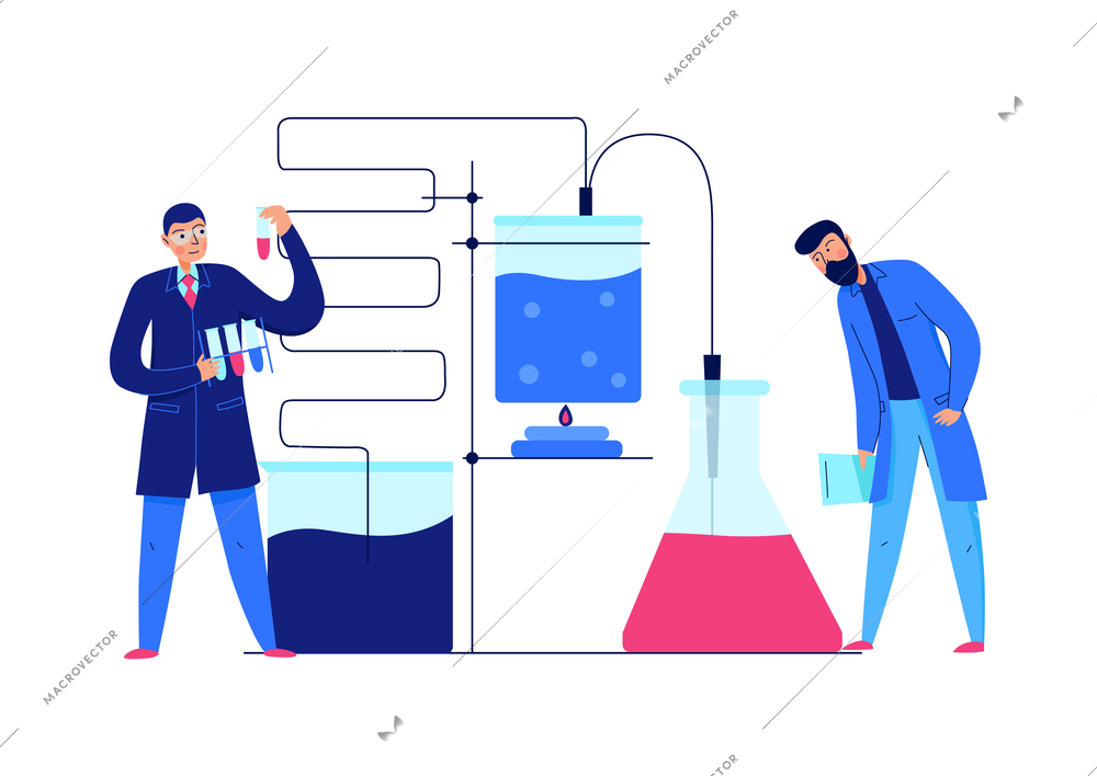 Two scientists working in science laboratory flat vector illustration