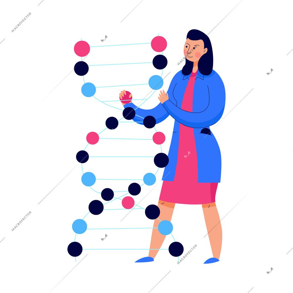 Flat female science laboratory worker with dna structure model vector illustration