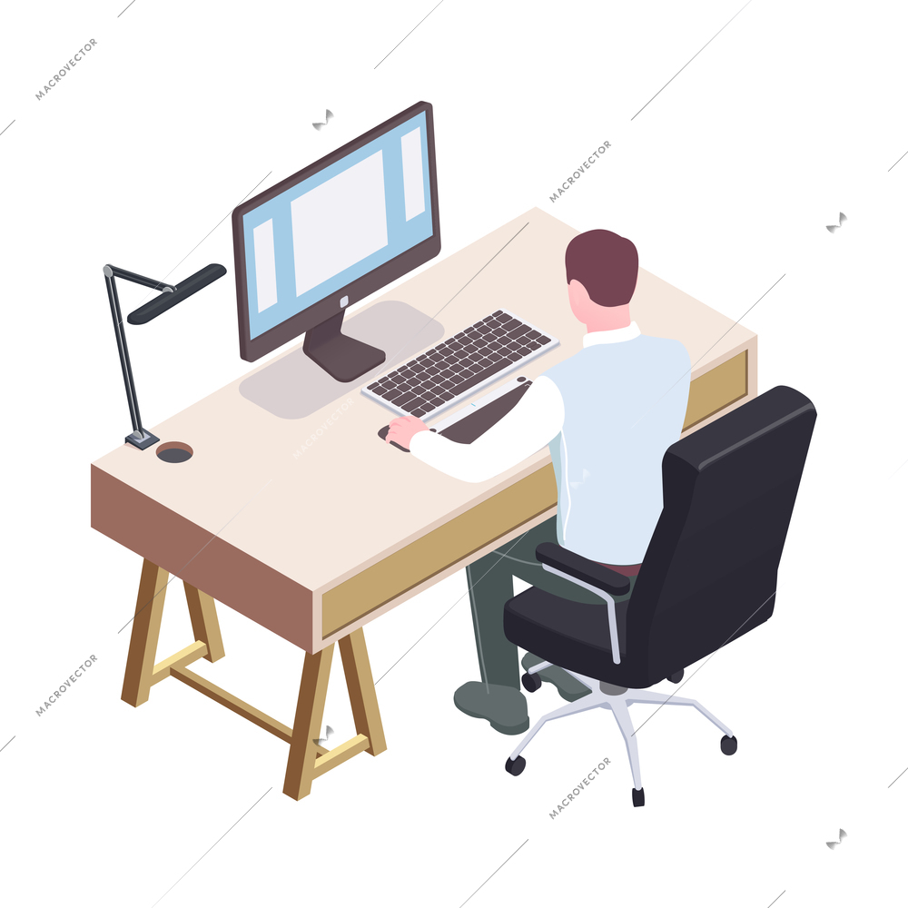 Isometric male office employee working on computer back view 3d vector illustration