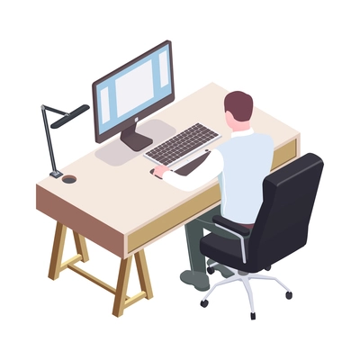 Isometric male office employee working on computer back view 3d vector illustration