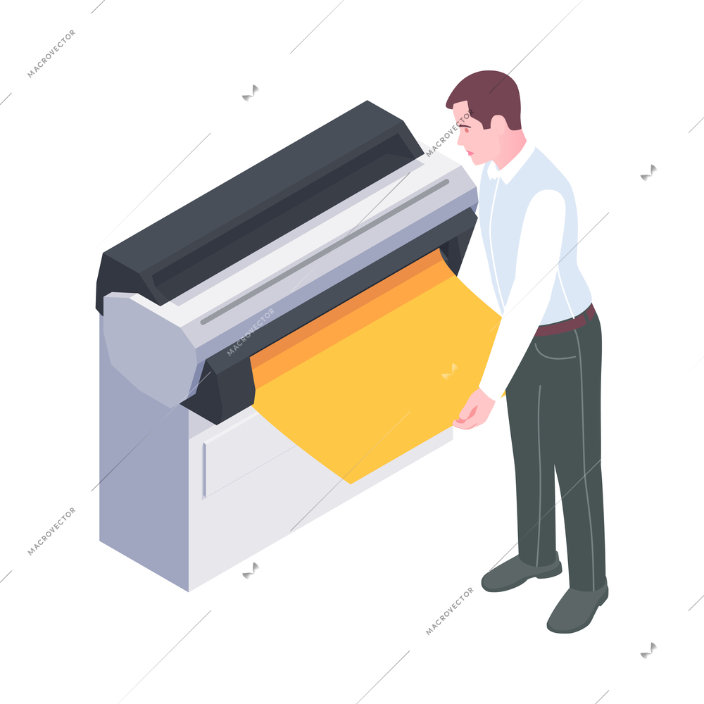 Advertising agency staff isometric icon with man printing yellow poster 3d vector illustration