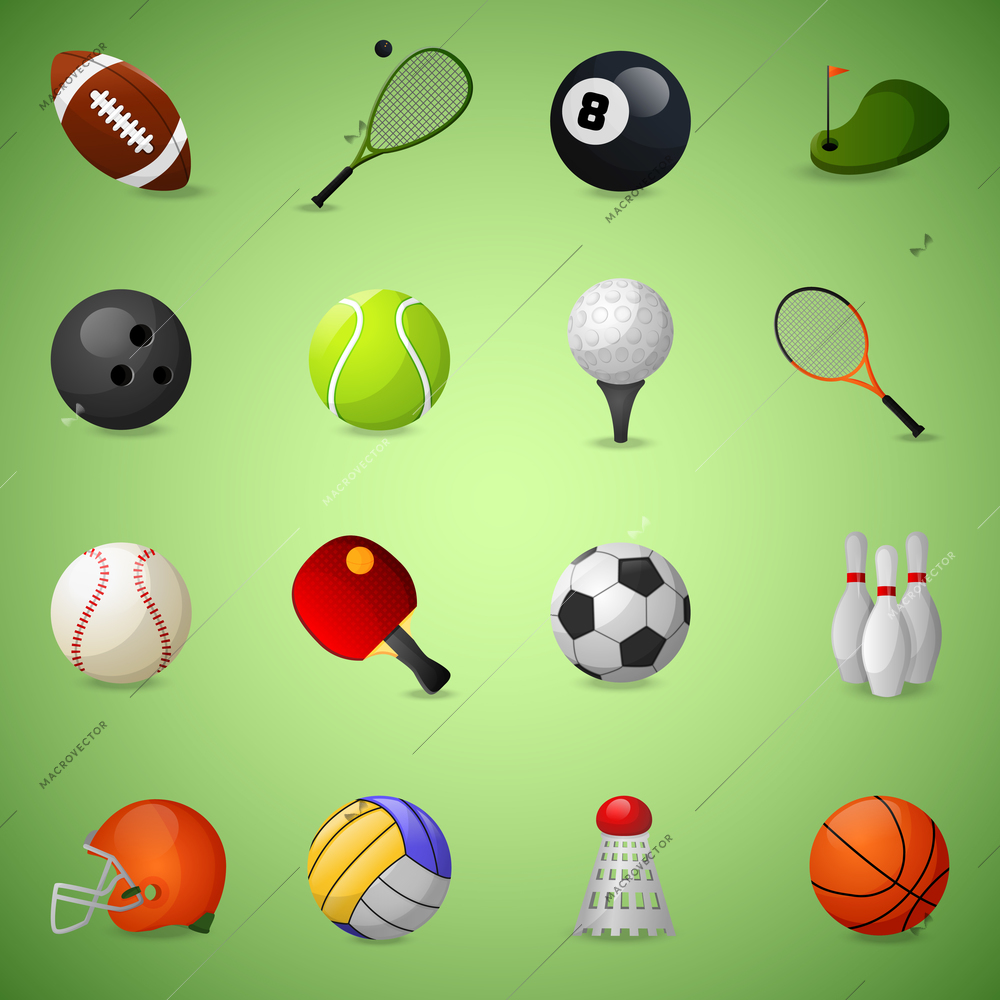 Sports equipment icons set with team games balls and rackets isolated vector illustration