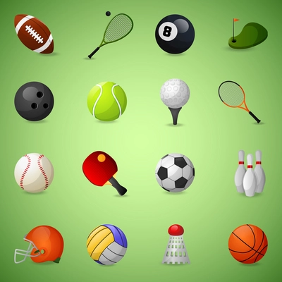 Sports equipment icons set with team games balls and rackets isolated vector illustration