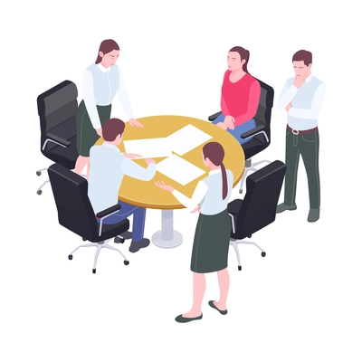 Business teamwork isometric concept with people brainstorming at round table in office 3d vector illustration