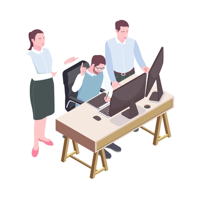 Teamwork isometric concept with three people working at computer in office 3d vector illustration