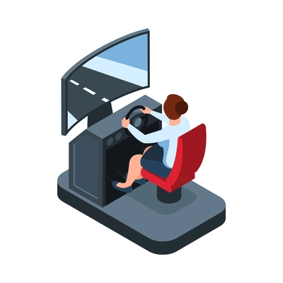 Woman using driving simulator back view 3d isometric vector illustration