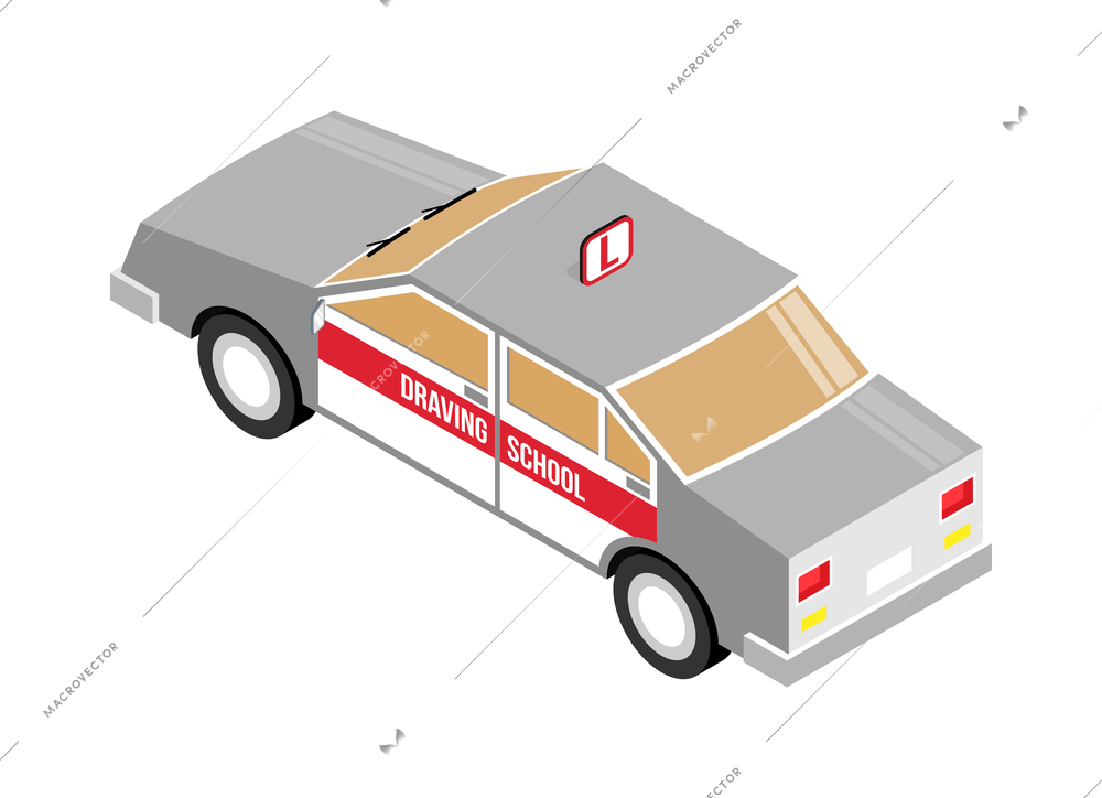 Isometric driving school car back view on white background 3d vector illustration