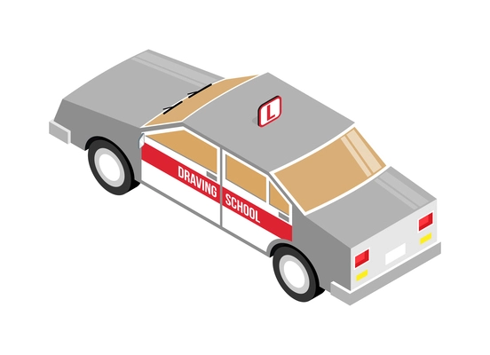 Isometric driving school car back view on white background 3d vector illustration