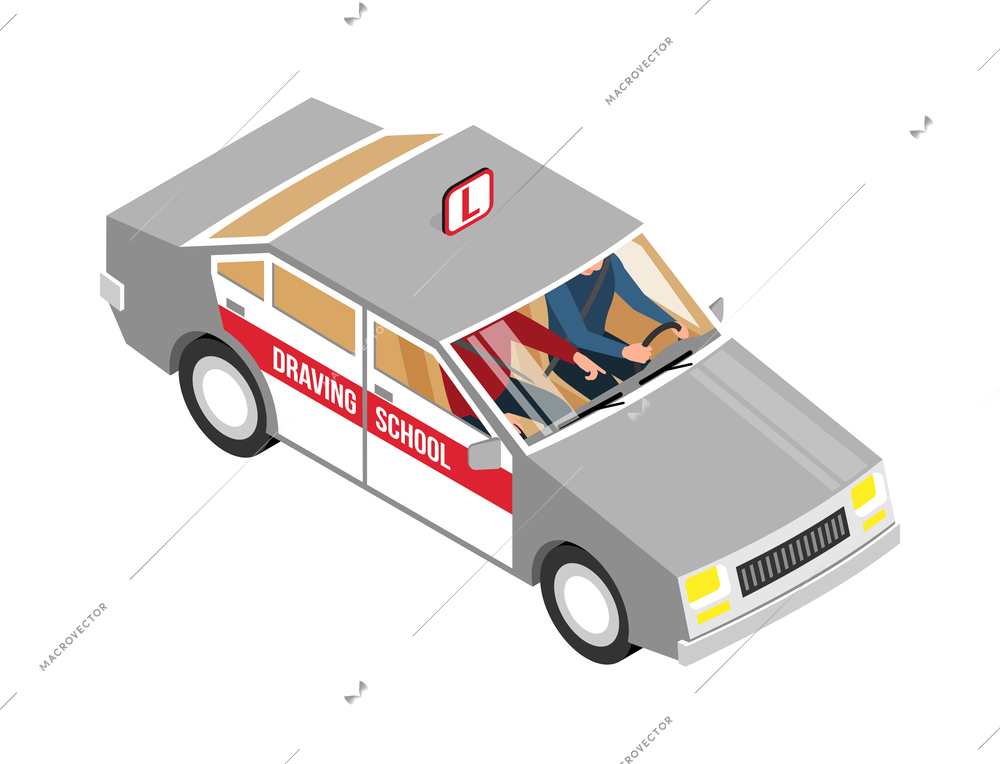 Student and instructor in driving school car 3d isometric vector illustration