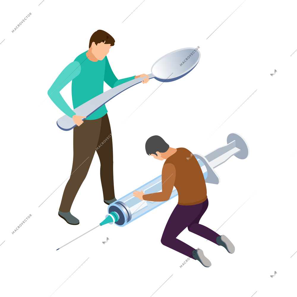 Drugs addiction isometric concept with two heroine addicted men holding giant syringe and spoon 3d vector illustration