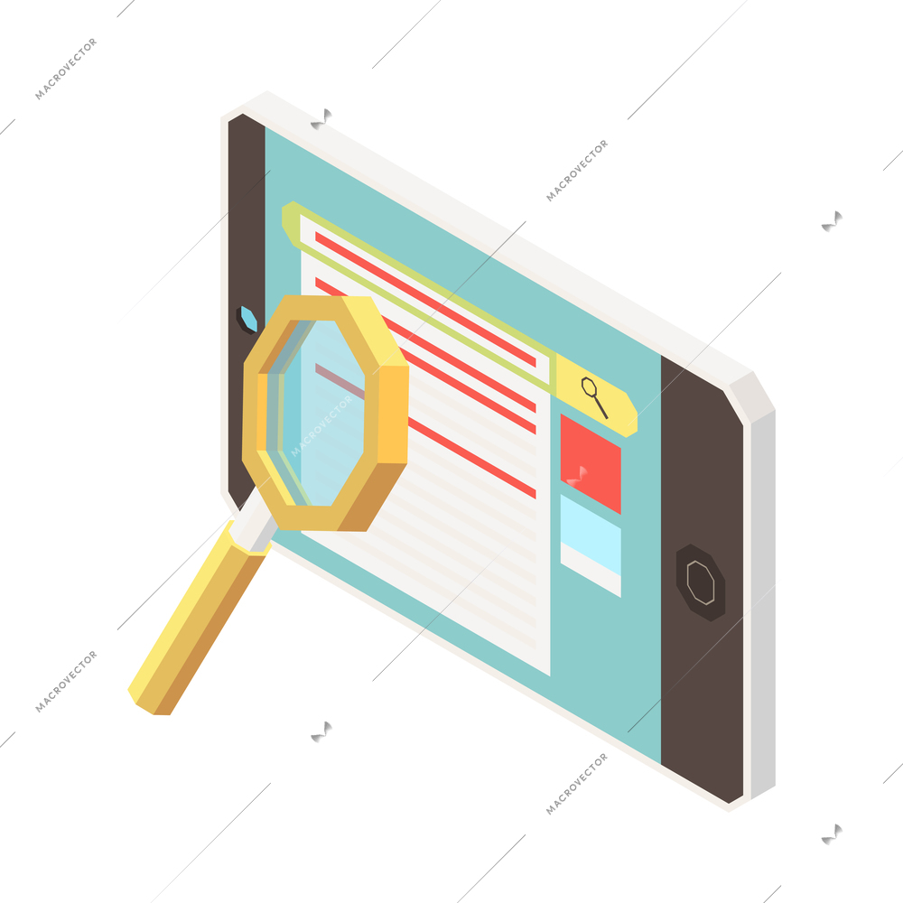 Isometric search engine ranking optimization marketing concept with 3d smartphone and magnifier vector illustration