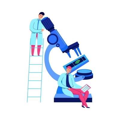 Two flat scientists working with microscope in science laboratory vector illustration