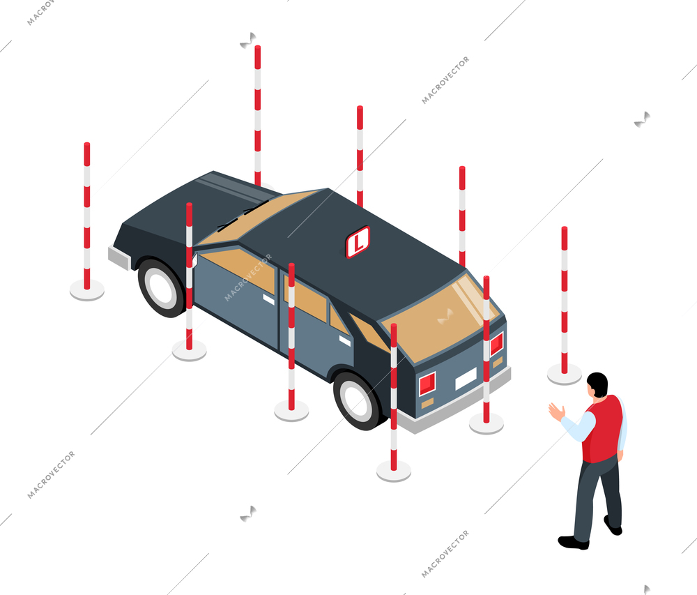 Isometric driving school educational process with car and male character 3d vector illustration