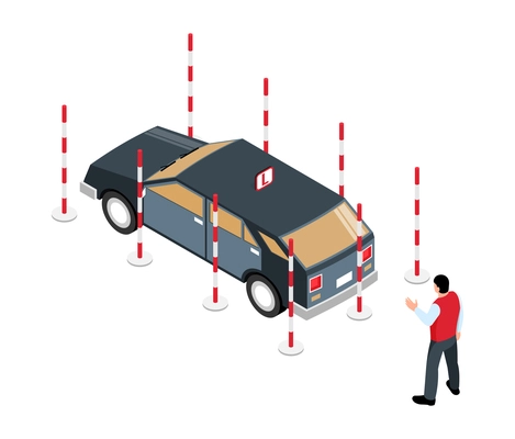 Isometric driving school educational process with car and male character 3d vector illustration