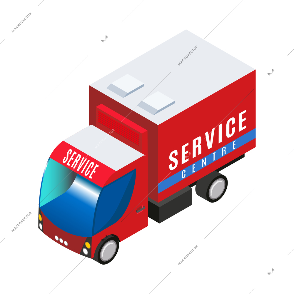 Isometric service center van on white background 3d vector illustration