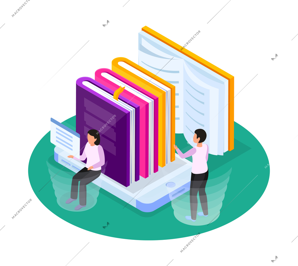 Online library composition with human characters reading and choosing ebooks 3d isometric vector illustration