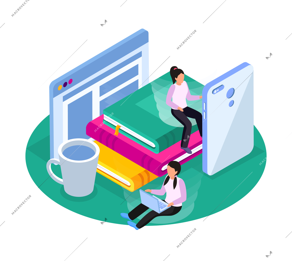 Online library composition with people reading ebooks on smartphone and laptop 3d isometric vector illustration