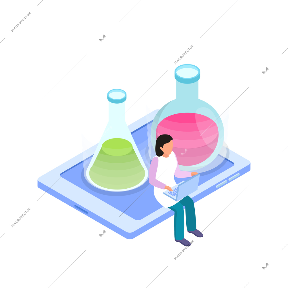 Science research isometric icon with scientist working on computer and two flasks with liquid 3d vector illustration