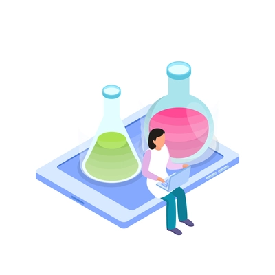 Science research isometric icon with scientist working on computer and two flasks with liquid 3d vector illustration