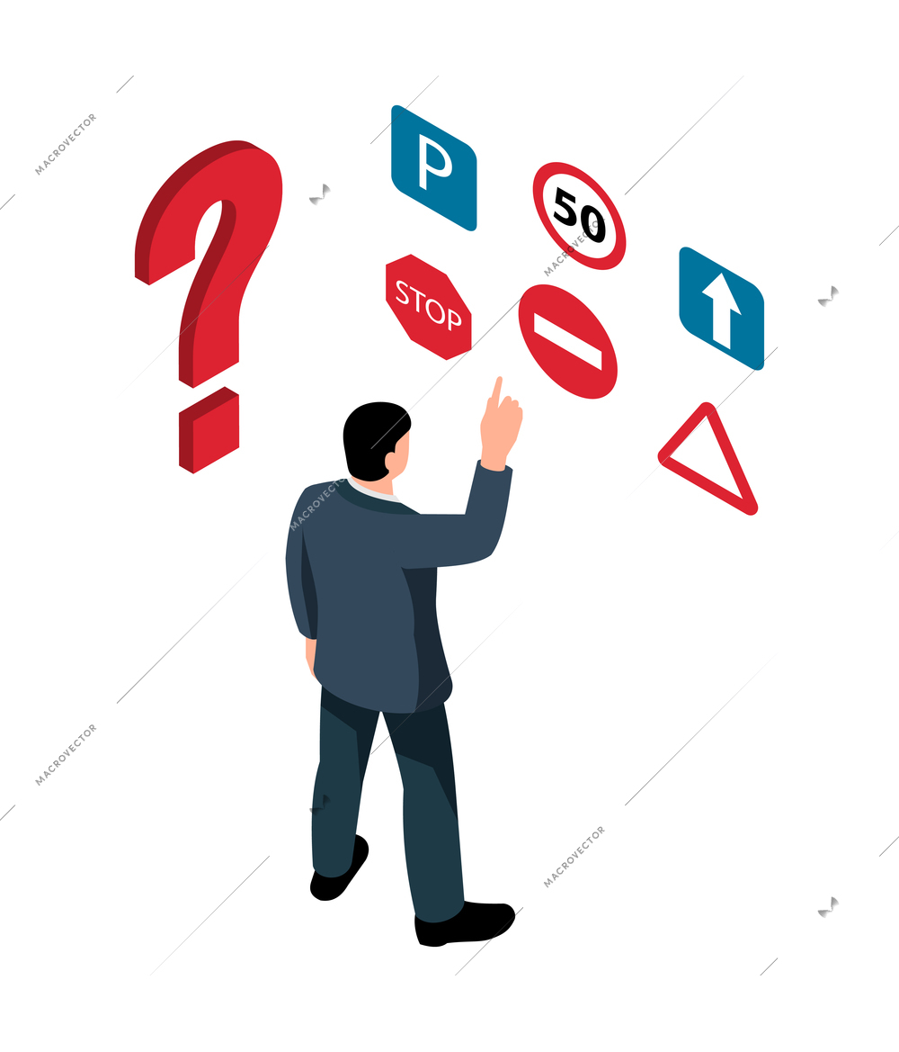 Driving school isometric concept with road signs question mark and male character 3d vector illustration