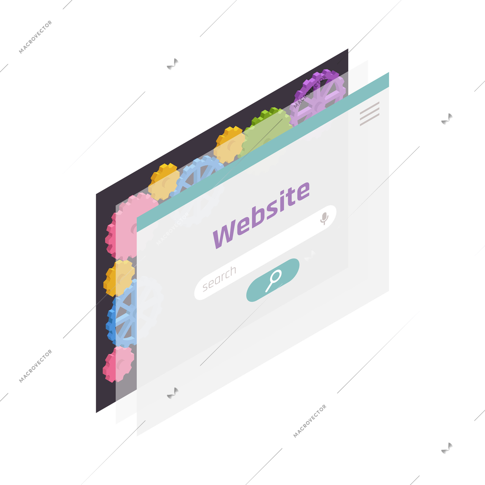 App development programming coding isometric concept with website landing page and cogwheels 3d vector illustration