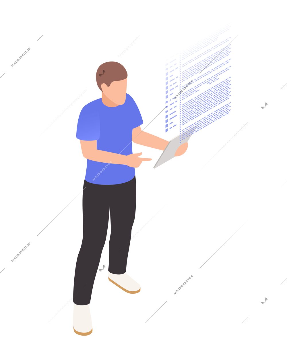 Isometric faceless character of male app developer with tablet 3d vector illustration