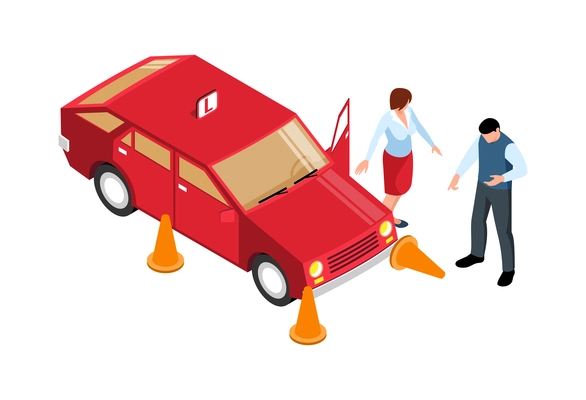 Woman learning to drive with instructor at driving school 3d isometric vector illustration