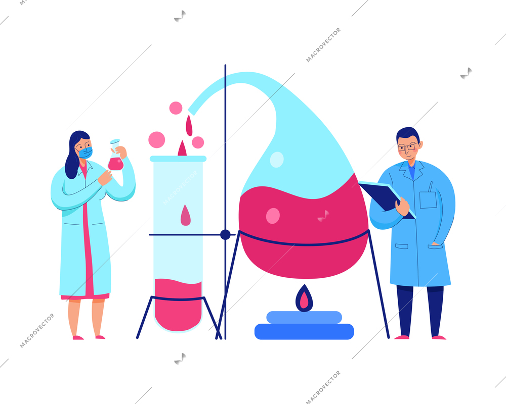 Two scientists carrying out chemical experiments in science laboratory flat vector illustration