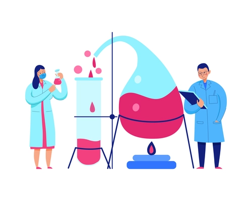 Two scientists carrying out chemical experiments in science laboratory flat vector illustration