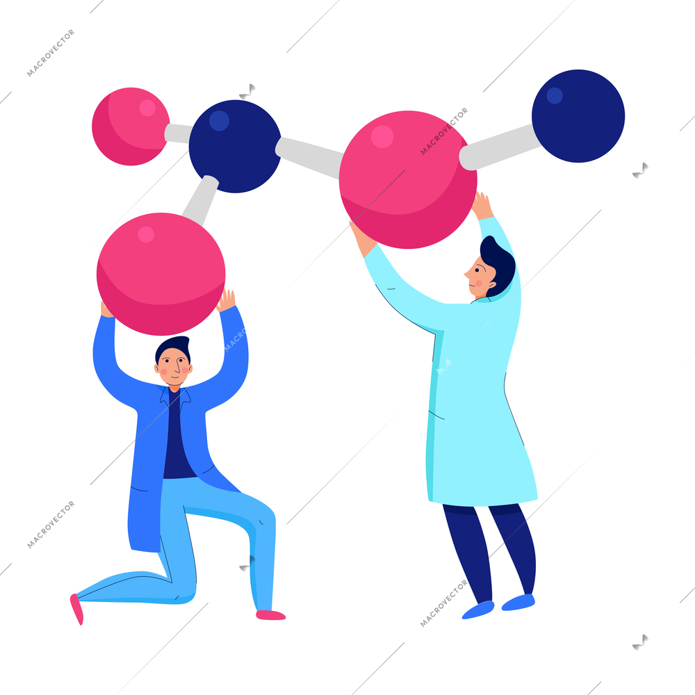 Science laboratory concept with two scientists holding molecule structure model flat vector illustration