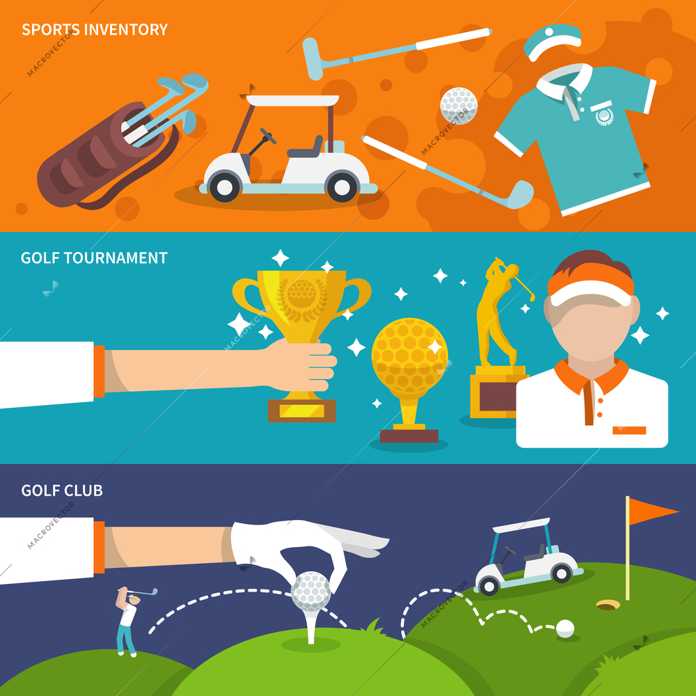 Golf club banner set with sport inventory tournament player isolated vector illustration