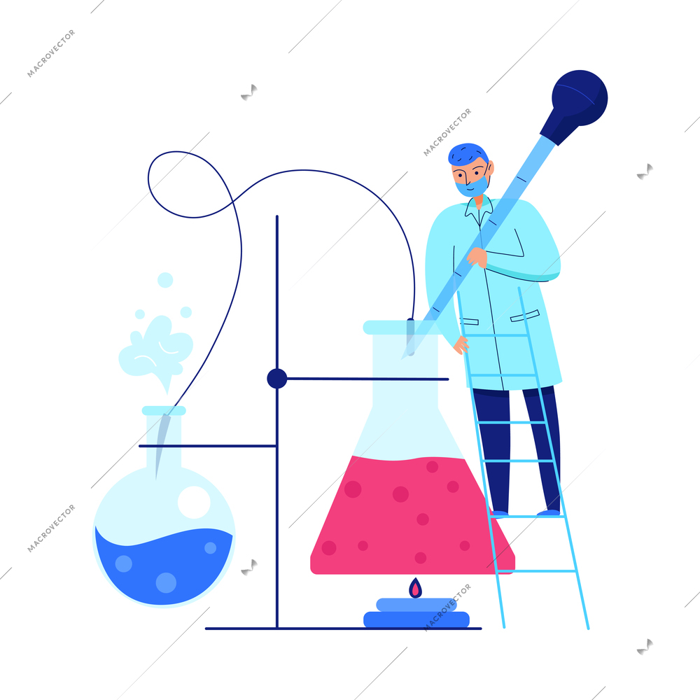 Flat scientist performing experiment heating liquid in science laboratory vector illustration