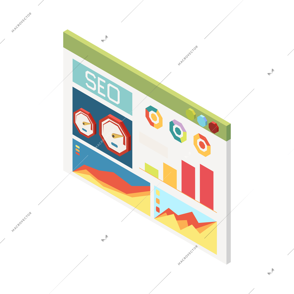Seo conversion rate isometric concept with data diagrams on screen 3d vector illustration