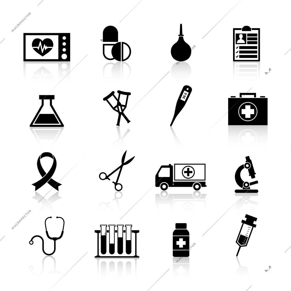 Medical equipment icon black set with heart rate pill enema isolated vector illustration