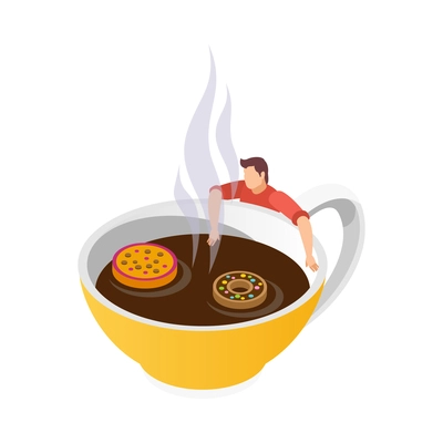 Isometric coffee addiction concept with human character and cup of hot drink with desserts 3d vector illustration