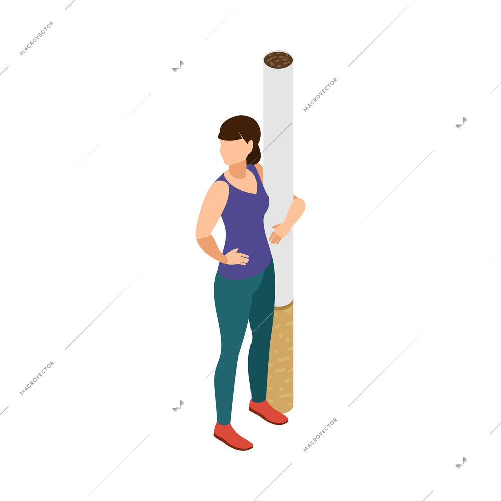 Smoking addiction isometric concept with female character hugging giant cigarette 3d vector illustration