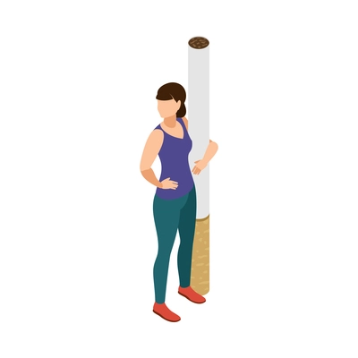 Smoking addiction isometric concept with female character hugging giant cigarette 3d vector illustration