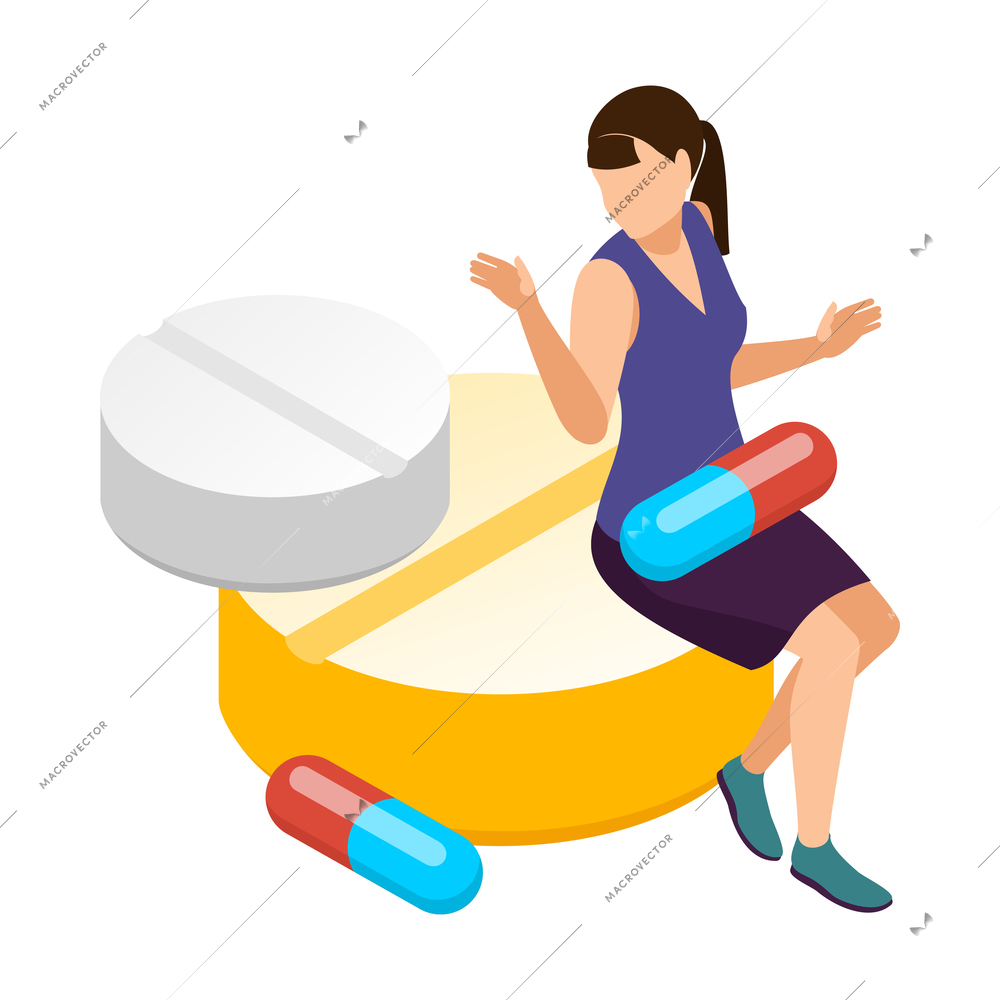 Drug addiction isometric concept with woman surrounded by pills and capsules 3d vector illustration