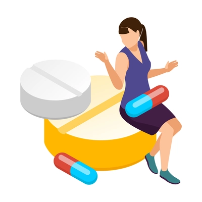 Drug addiction isometric concept with woman surrounded by pills and capsules 3d vector illustration