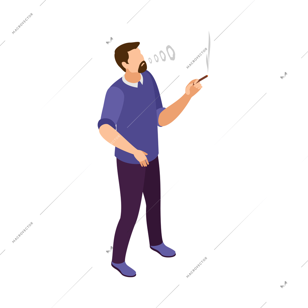 Isometric concept of smoking addiction with bearded man holding cigar 3d vector illustration