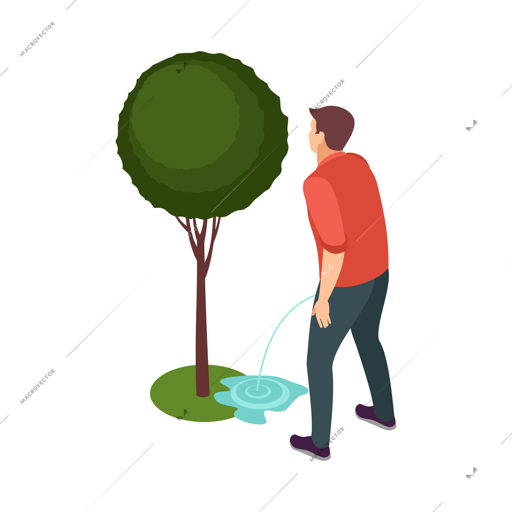 Isometric bad habit concept with man peeing in park 3d vector illustration