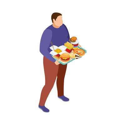 Isometric concept of gluttony and food addiction with overweight character holding tray with junk food 3d vector illustration