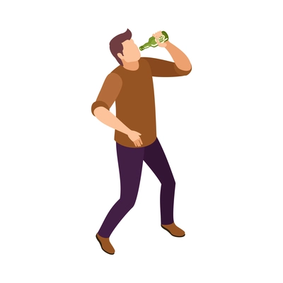 Isometric alcohol addiction concept with man drinking beer from bottle 3d vector illustration